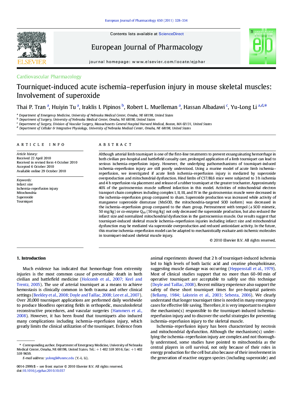 Tourniquet-induced acute ischemia–reperfusion injury in mouse skeletal muscles: Involvement of superoxide