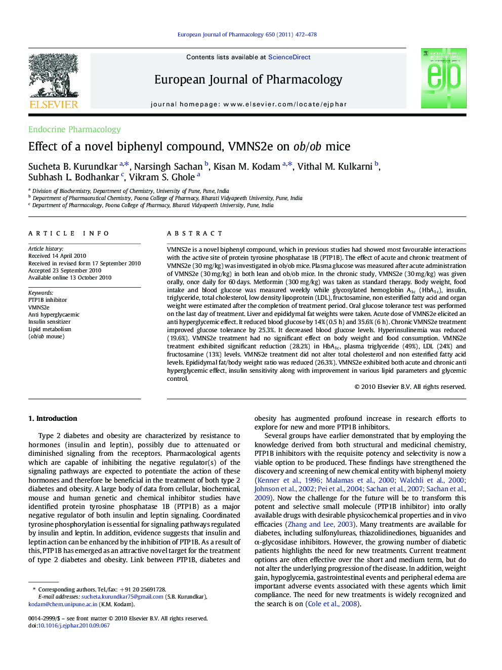 Effect of a novel biphenyl compound, VMNS2e on ob/ob mice