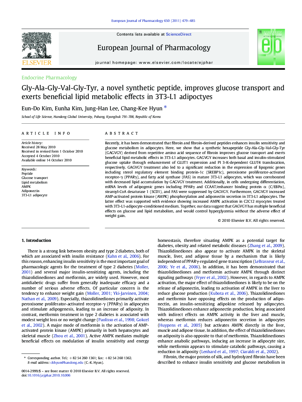 Gly-Ala-Gly-Val-Gly-Tyr, a novel synthetic peptide, improves glucose transport and exerts beneficial lipid metabolic effects in 3T3-L1 adipoctyes