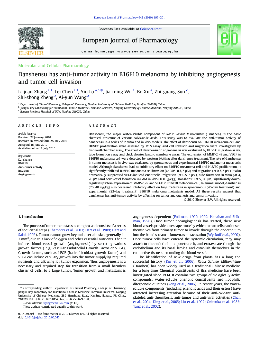 Danshensu has anti-tumor activity in B16F10 melanoma by inhibiting angiogenesis and tumor cell invasion