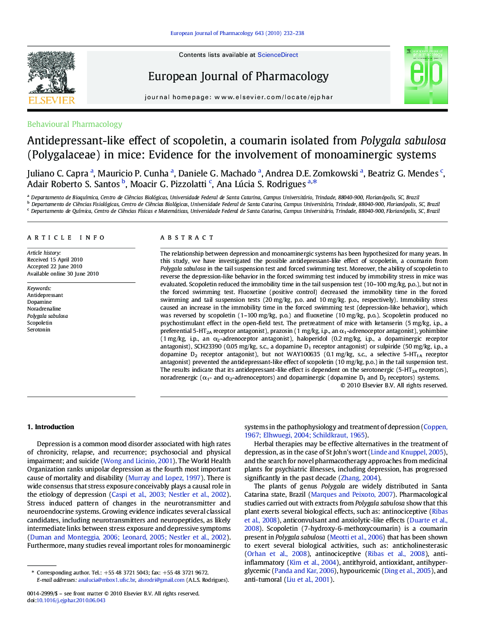 Antidepressant-like effect of scopoletin, a coumarin isolated from Polygala sabulosa (Polygalaceae) in mice: Evidence for the involvement of monoaminergic systems