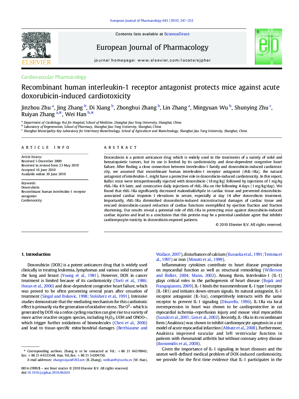 Recombinant human interleukin-1 receptor antagonist protects mice against acute doxorubicin-induced cardiotoxicity