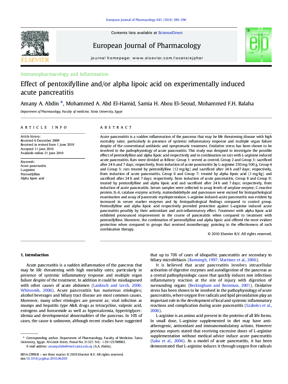 Effect of pentoxifylline and/or alpha lipoic acid on experimentally induced acute pancreatitis