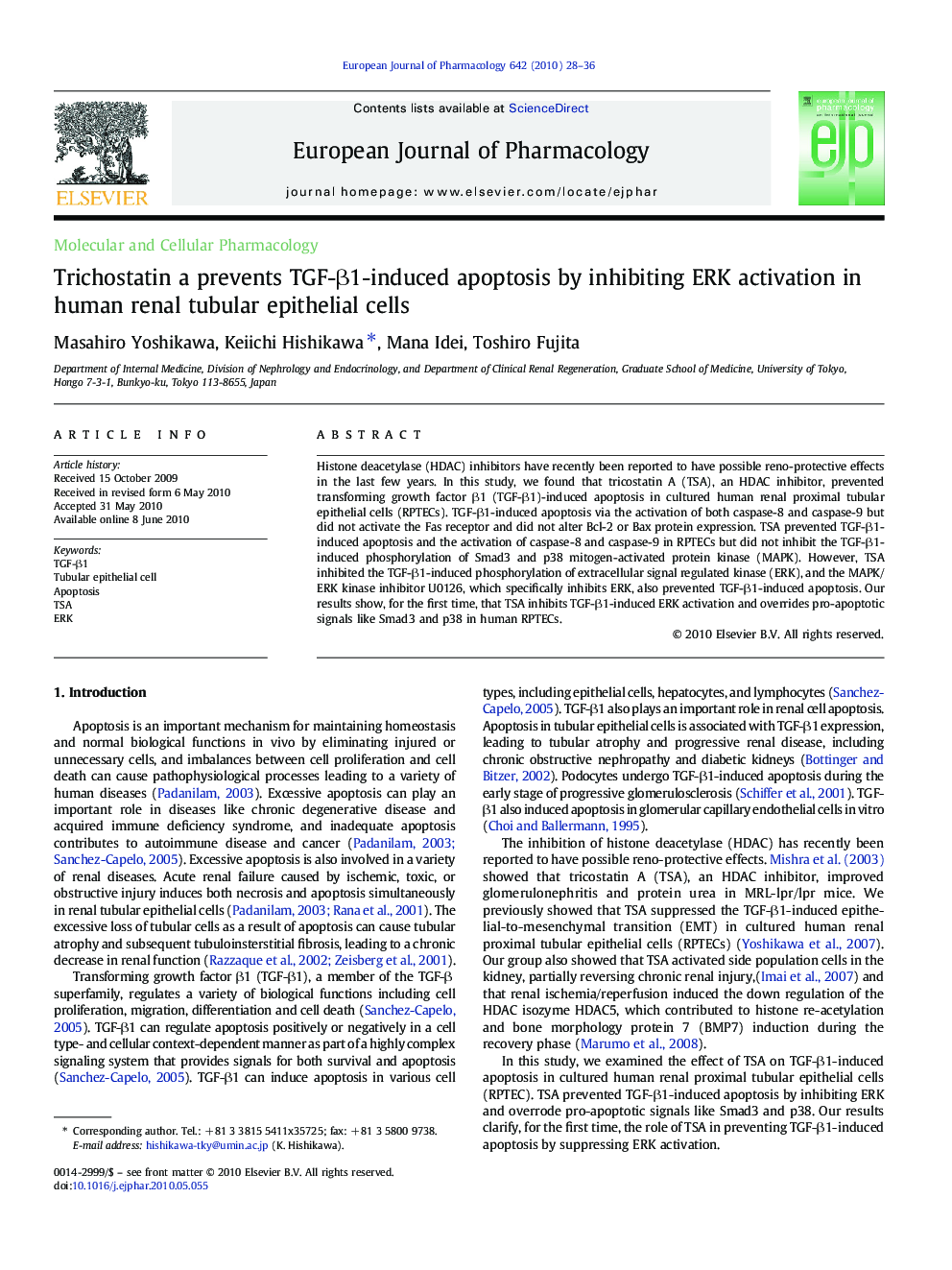 Trichostatin a prevents TGF-β1-induced apoptosis by inhibiting ERK activation in human renal tubular epithelial cells