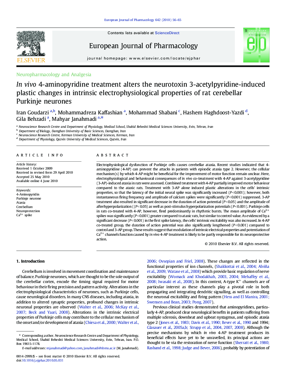 In vivo 4-aminopyridine treatment alters the neurotoxin 3-acetylpyridine-induced plastic changes in intrinsic electrophysiological properties of rat cerebellar Purkinje neurones