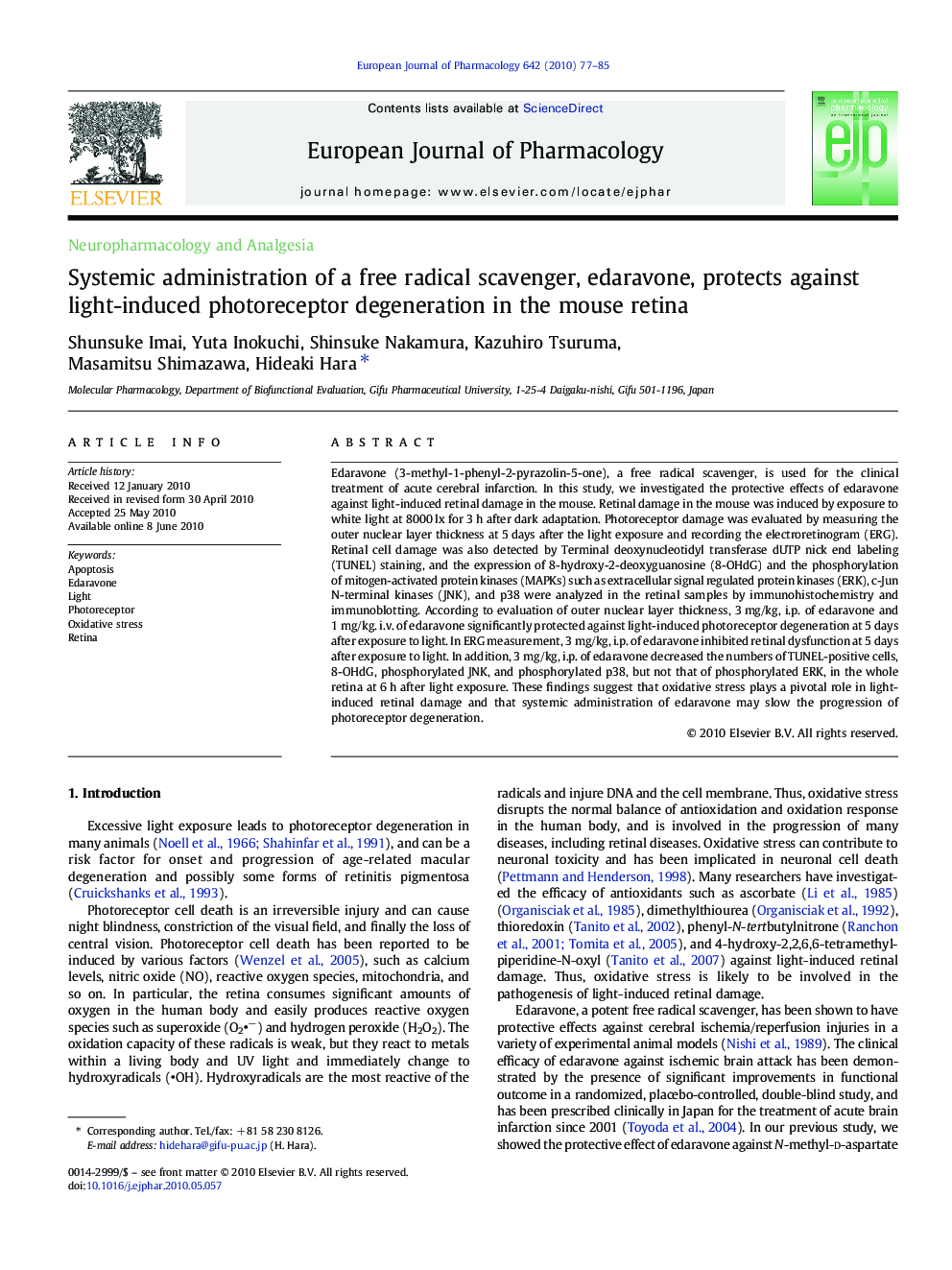 Systemic administration of a free radical scavenger, edaravone, protects against light-induced photoreceptor degeneration in the mouse retina