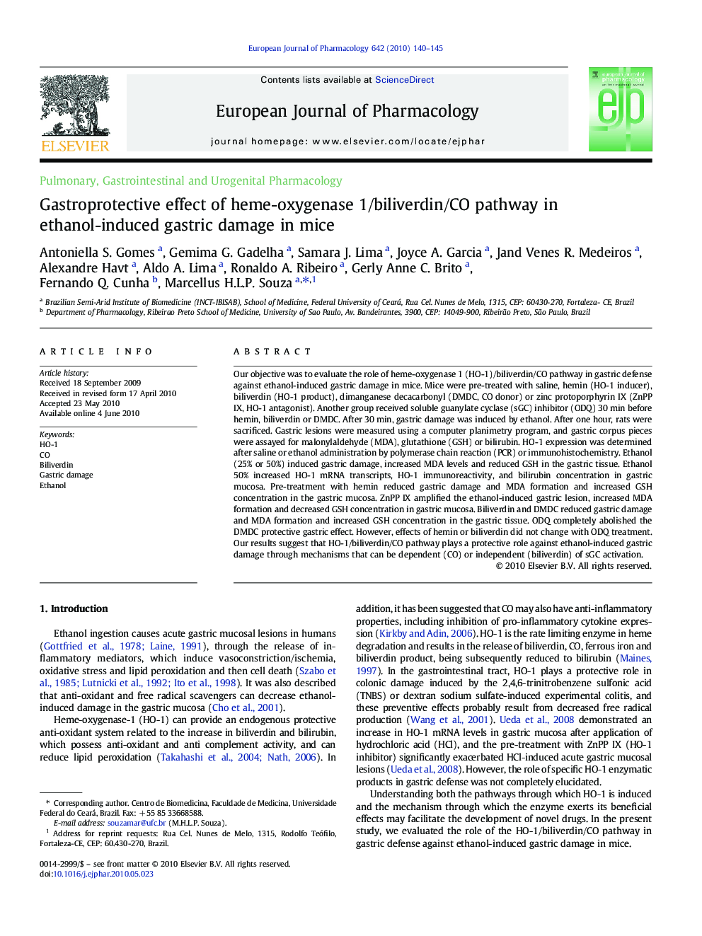 Gastroprotective effect of heme-oxygenase 1/biliverdin/CO pathway in ethanol-induced gastric damage in mice