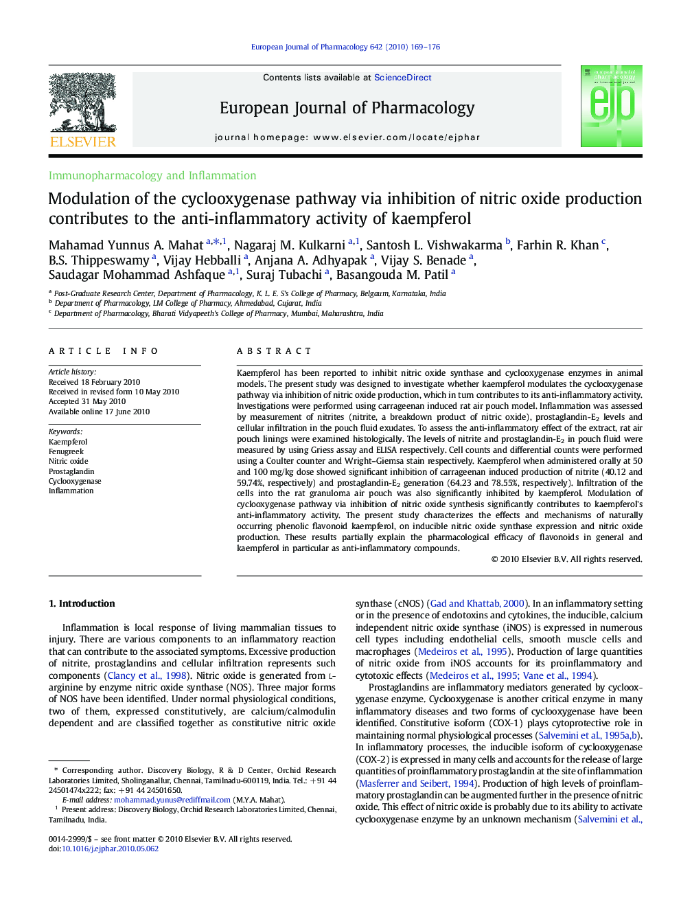 Modulation of the cyclooxygenase pathway via inhibition of nitric oxide production contributes to the anti-inflammatory activity of kaempferol