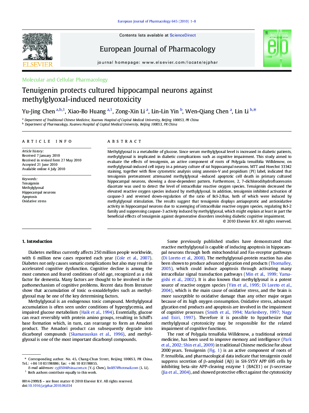 Tenuigenin protects cultured hippocampal neurons against methylglyoxal-induced neurotoxicity