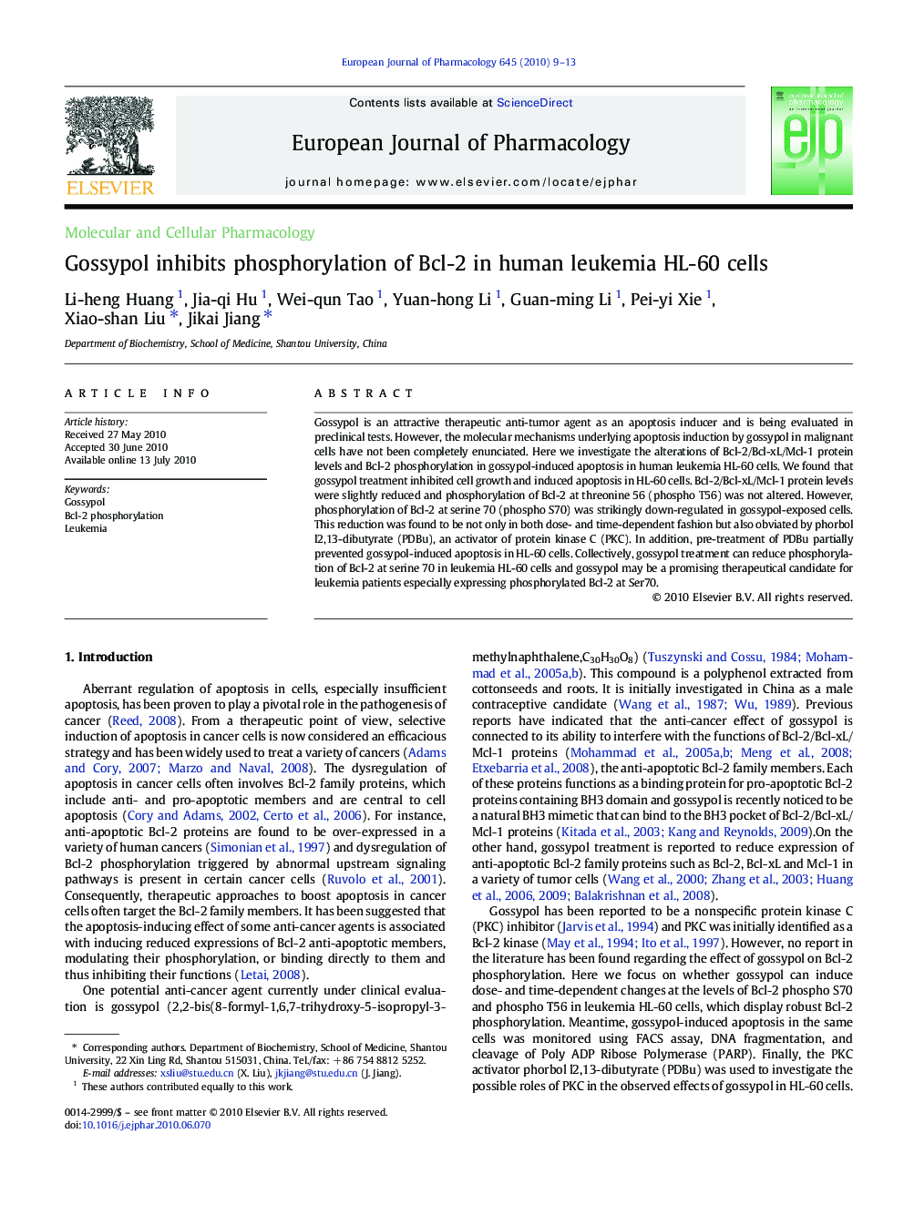 Gossypol inhibits phosphorylation of Bcl-2 in human leukemia HL-60 cells