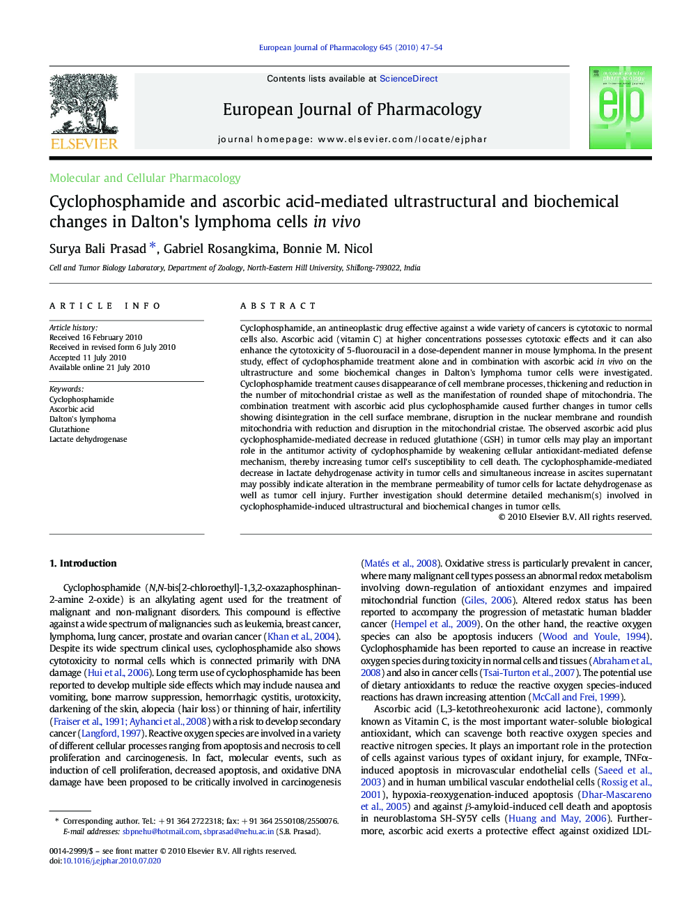 Cyclophosphamide and ascorbic acid-mediated ultrastructural and biochemical changes in Dalton's lymphoma cells in vivo