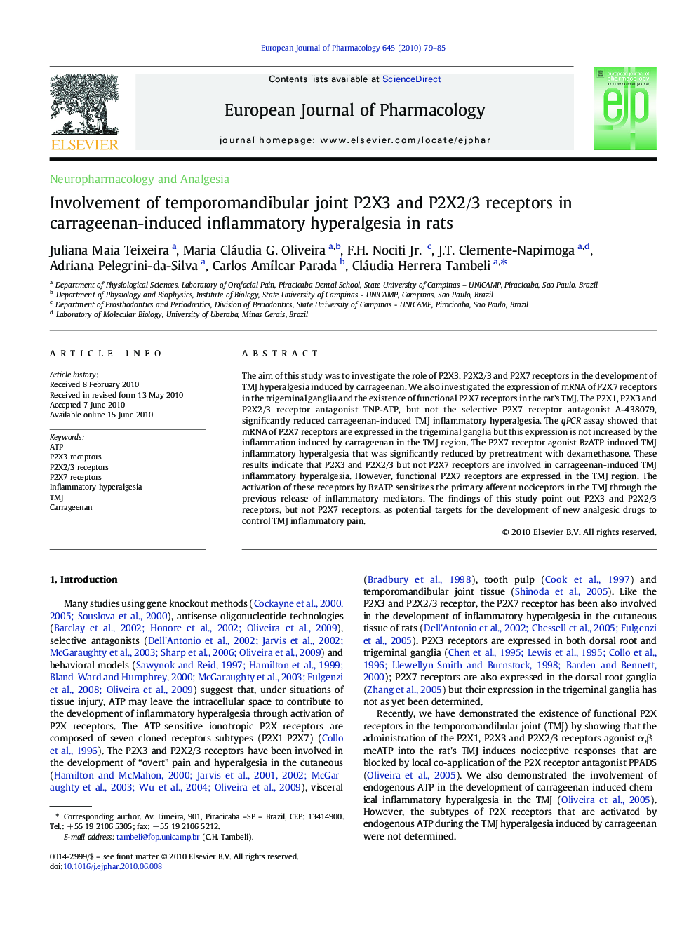 Involvement of temporomandibular joint P2X3 and P2X2/3 receptors in carrageenan-induced inflammatory hyperalgesia in rats