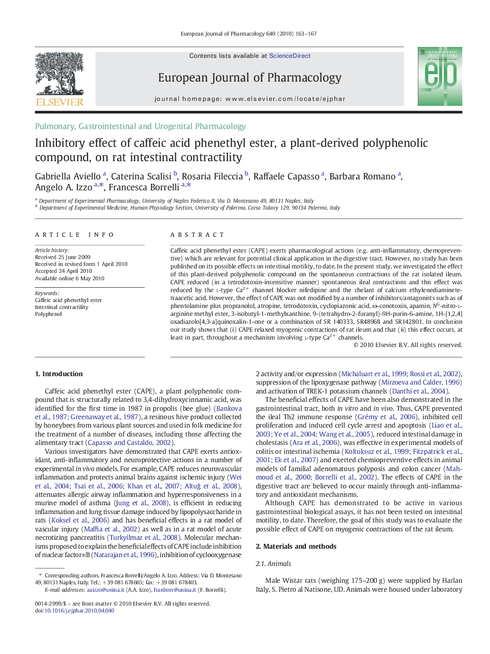 Inhibitory effect of caffeic acid phenethyl ester, a plant-derived polyphenolic compound, on rat intestinal contractility