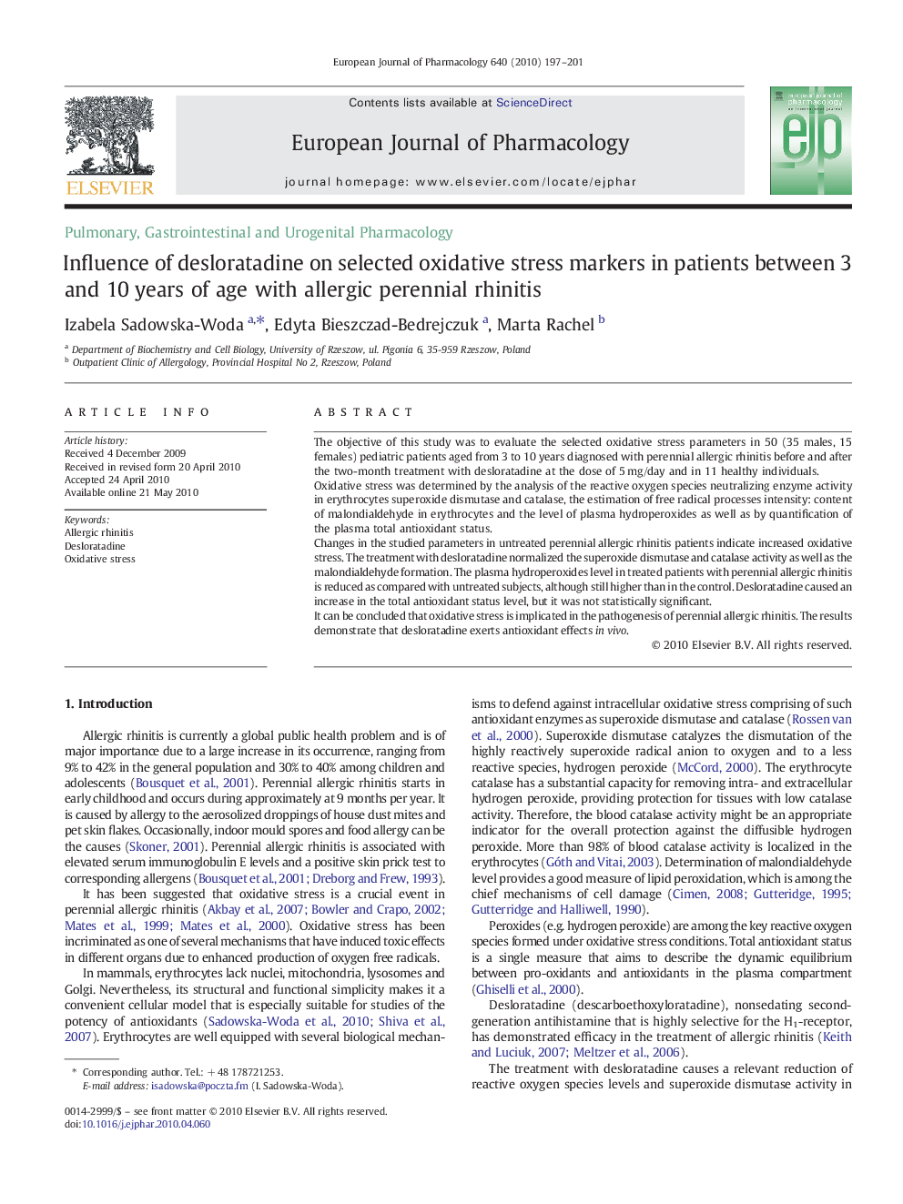 Influence of desloratadine on selected oxidative stress markers in patients between 3 and 10 years of age with allergic perennial rhinitis