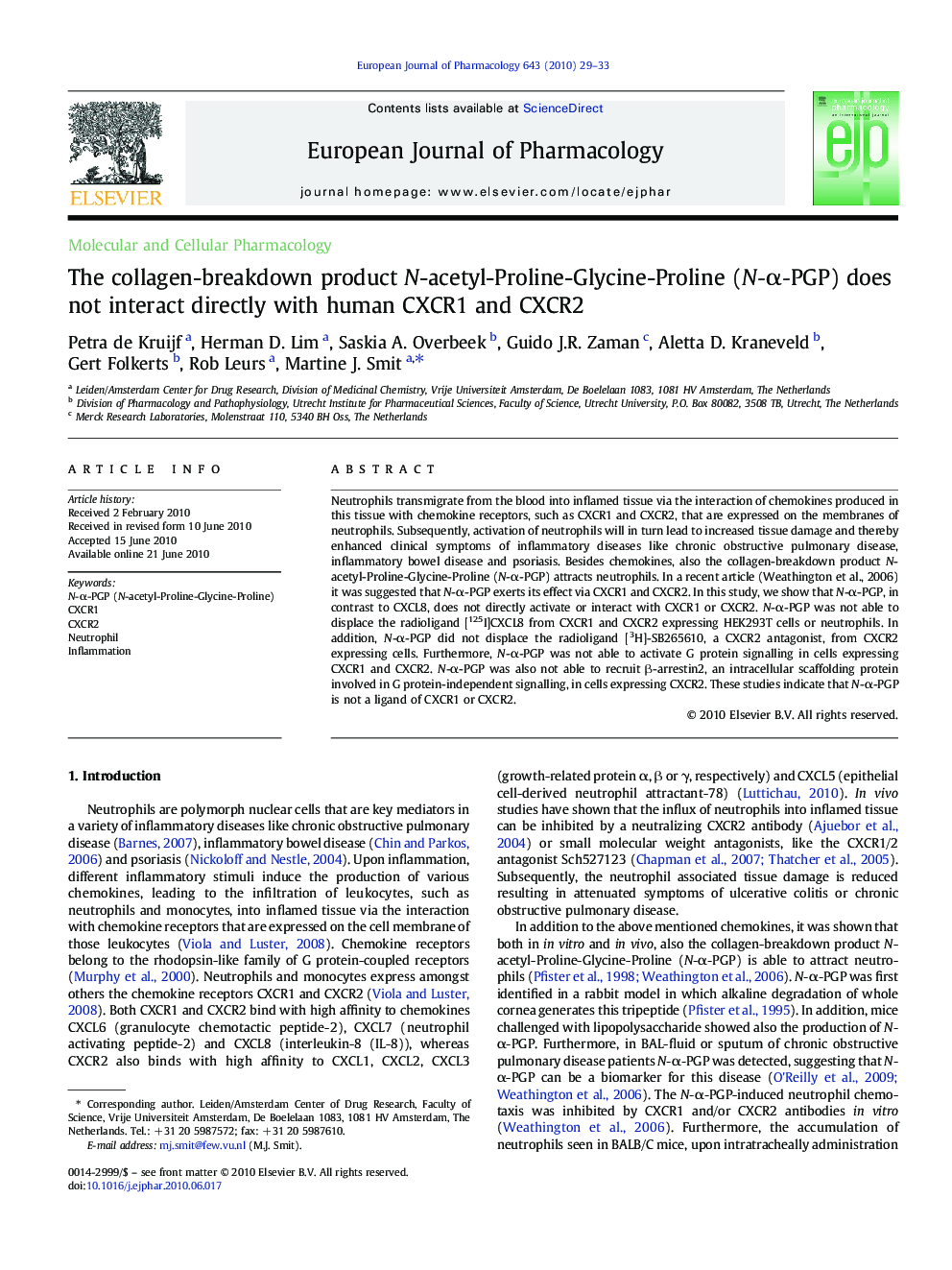 The collagen-breakdown product N-acetyl-Proline-Glycine-Proline (N-α-PGP) does not interact directly with human CXCR1 and CXCR2