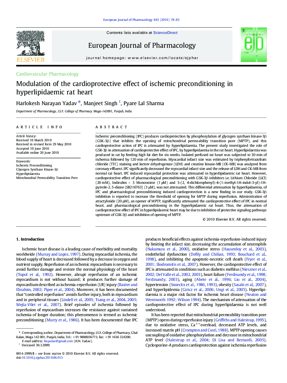 Modulation of the cardioprotective effect of ischemic preconditioning in hyperlipidaemic rat heart