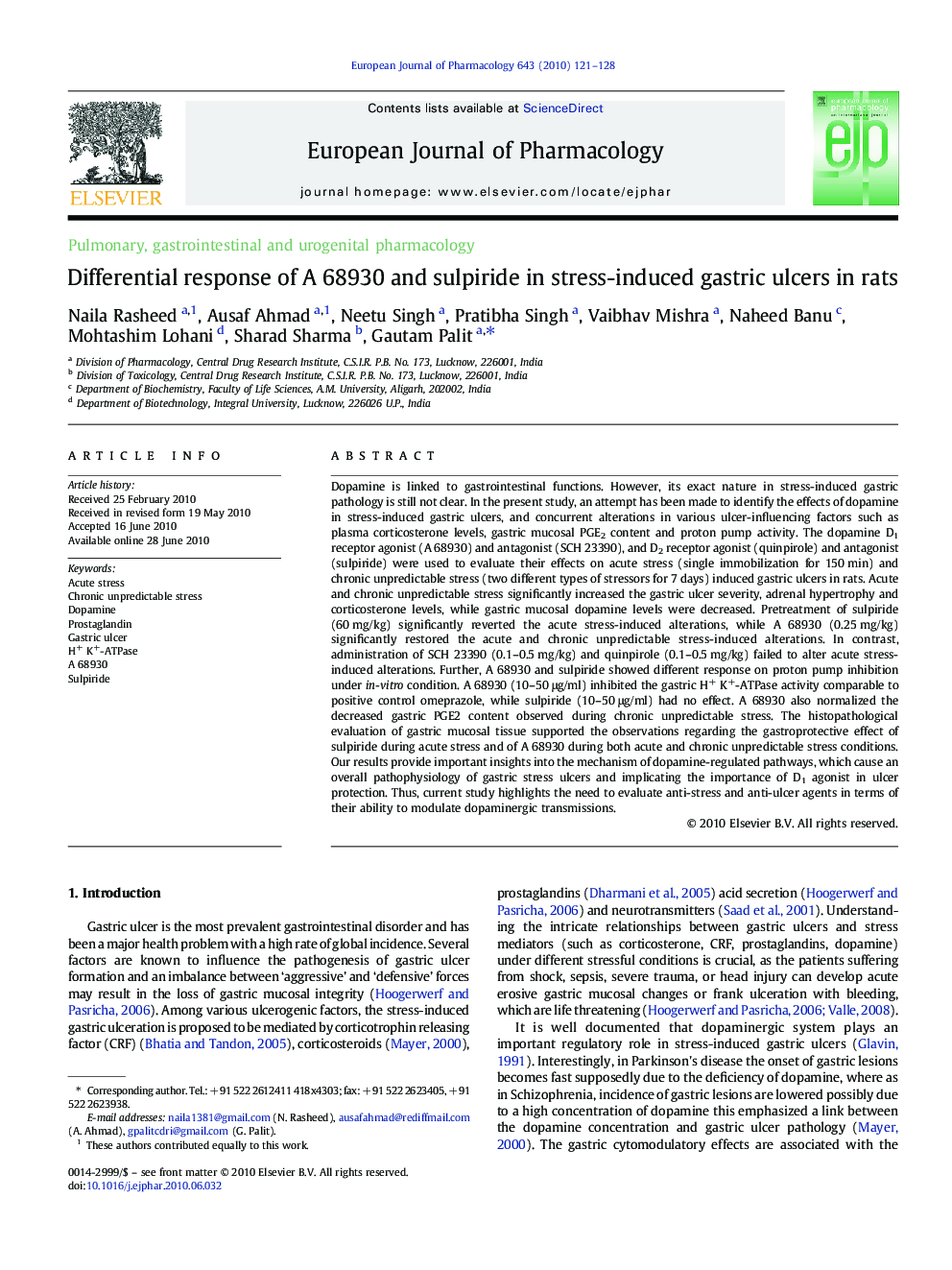 Differential response of A 68930 and sulpiride in stress-induced gastric ulcers in rats