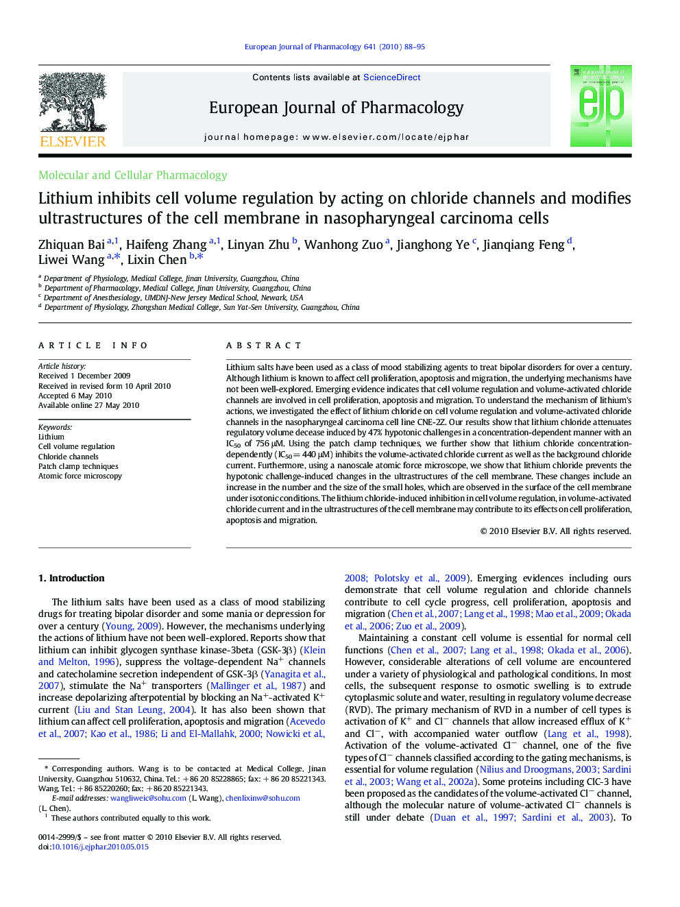 Lithium inhibits cell volume regulation by acting on chloride channels and modifies ultrastructures of the cell membrane in nasopharyngeal carcinoma cells