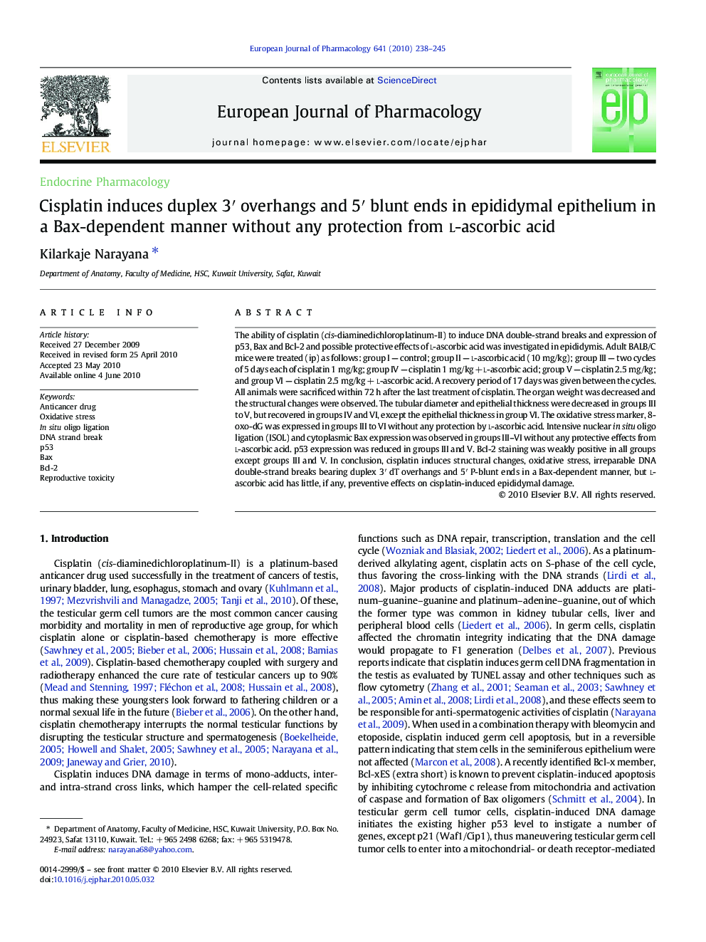 Cisplatin induces duplex 3′ overhangs and 5′ blunt ends in epididymal epithelium in a Bax-dependent manner without any protection from l-ascorbic acid