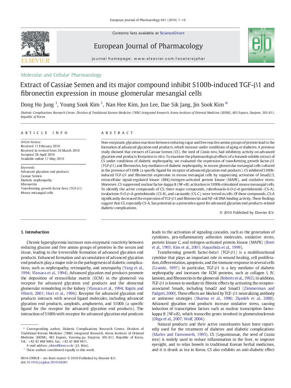 Extract of Cassiae Semen and its major compound inhibit S100b-induced TGF-β1 and fibronectin expression in mouse glomerular mesangial cells