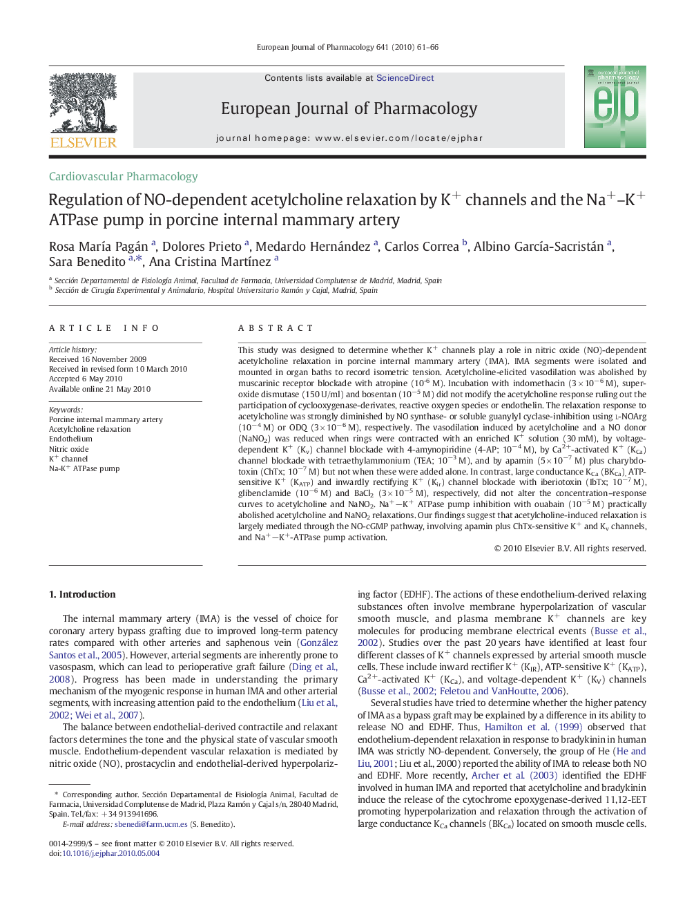 Regulation of NO-dependent acetylcholine relaxation by K+ channels and the Na+–K+ ATPase pump in porcine internal mammary artery