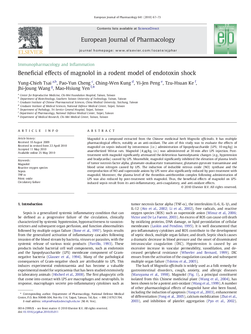 Beneficial effects of magnolol in a rodent model of endotoxin shock