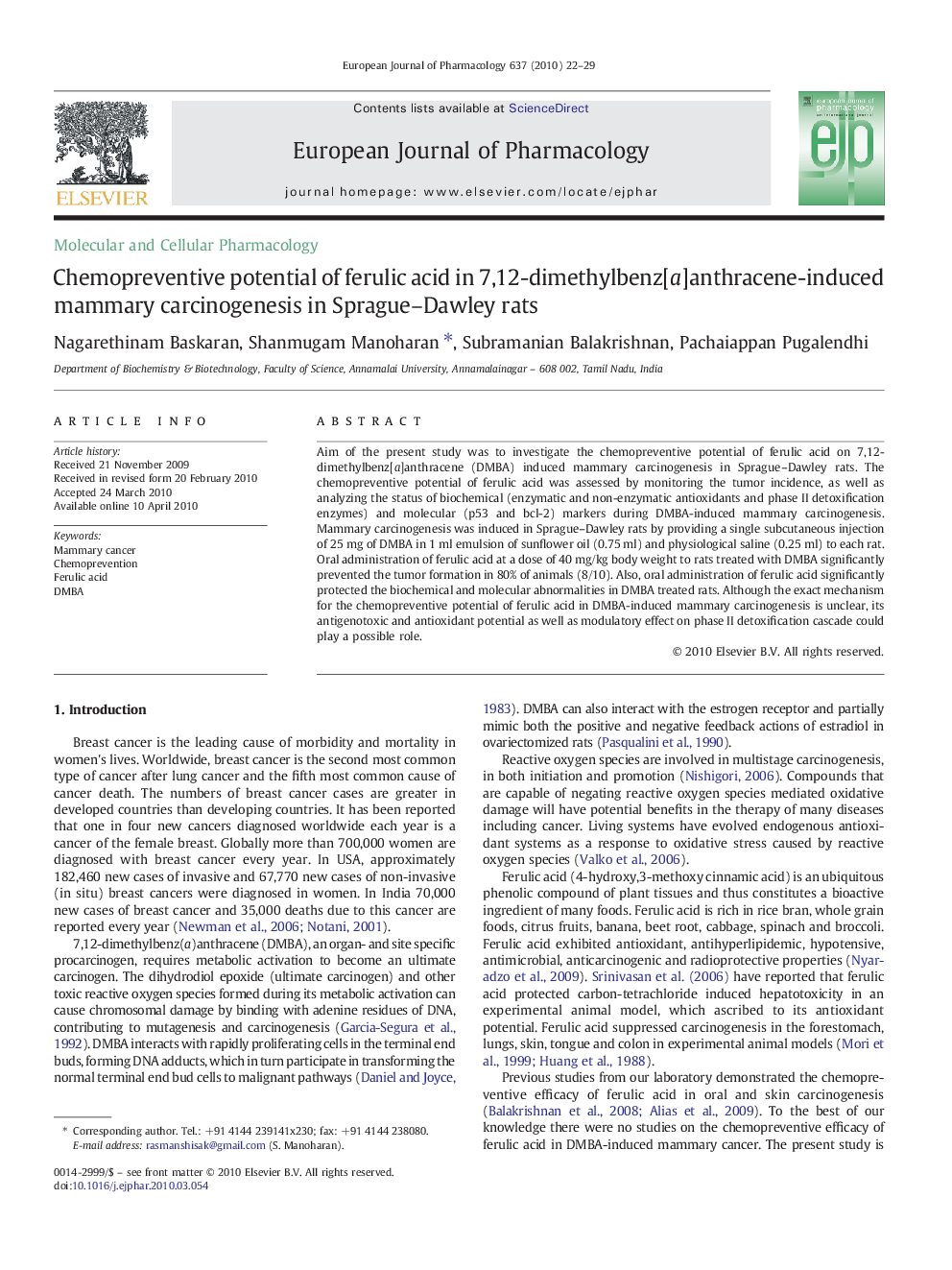 Chemopreventive potential of ferulic acid in 7,12-dimethylbenz[a]anthracene-induced mammary carcinogenesis in Sprague–Dawley rats