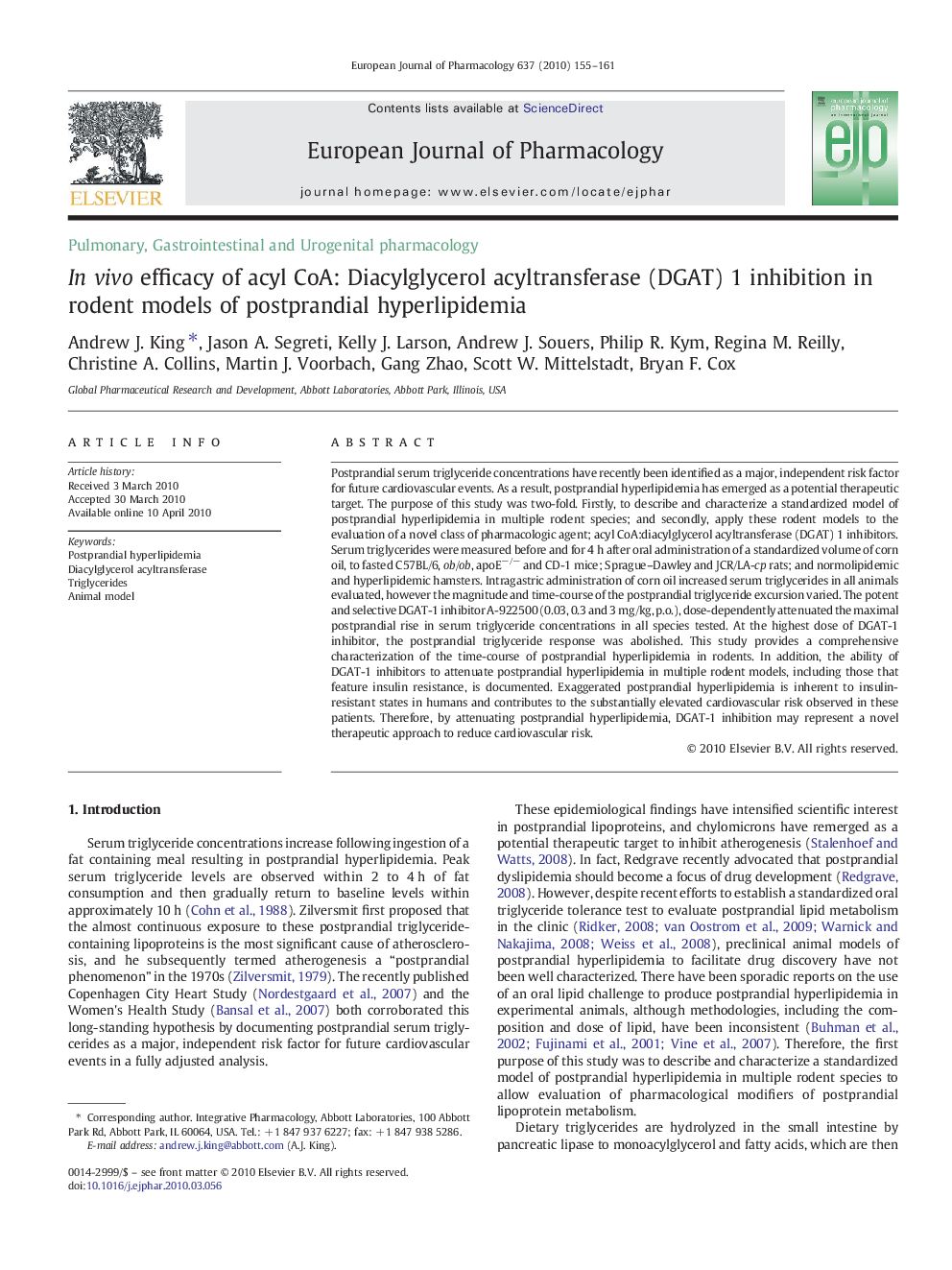 In vivo efficacy of acyl CoA: Diacylglycerol acyltransferase (DGAT) 1 inhibition in rodent models of postprandial hyperlipidemia