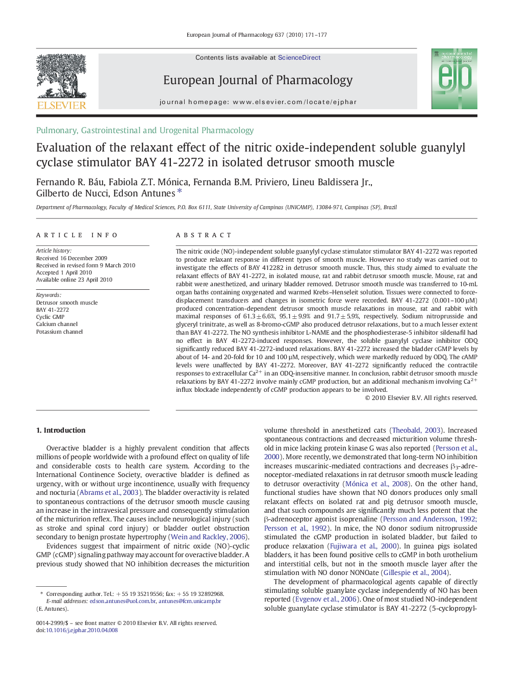 Evaluation of the relaxant effect of the nitric oxide-independent soluble guanylyl cyclase stimulator BAY 41-2272 in isolated detrusor smooth muscle