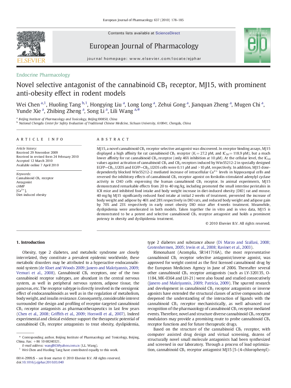 Novel selective antagonist of the cannabinoid CB1 receptor, MJ15, with prominent anti-obesity effect in rodent models