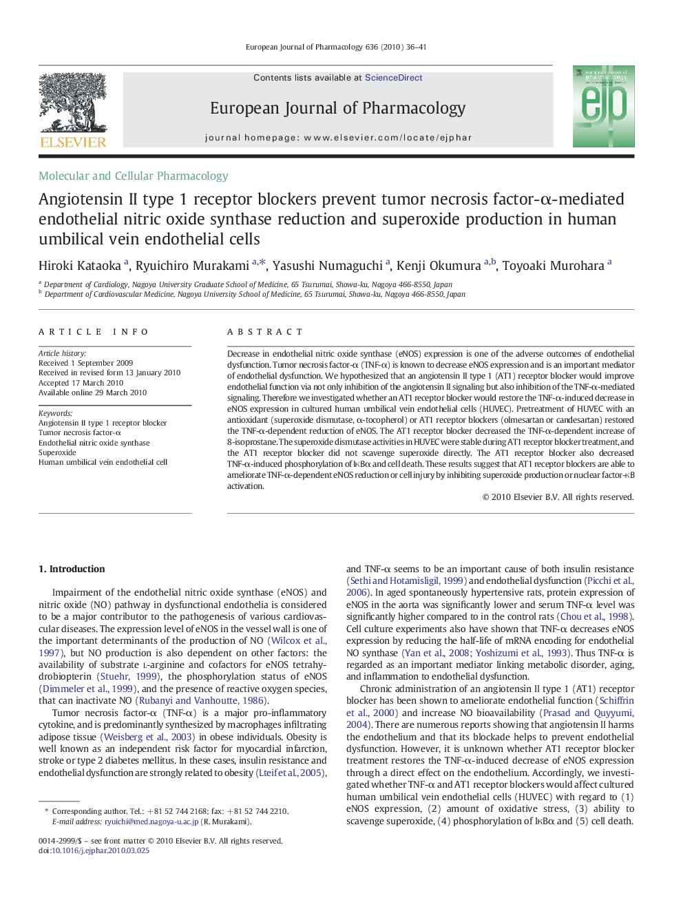 Angiotensin II type 1 receptor blockers prevent tumor necrosis factor-α-mediated endothelial nitric oxide synthase reduction and superoxide production in human umbilical vein endothelial cells