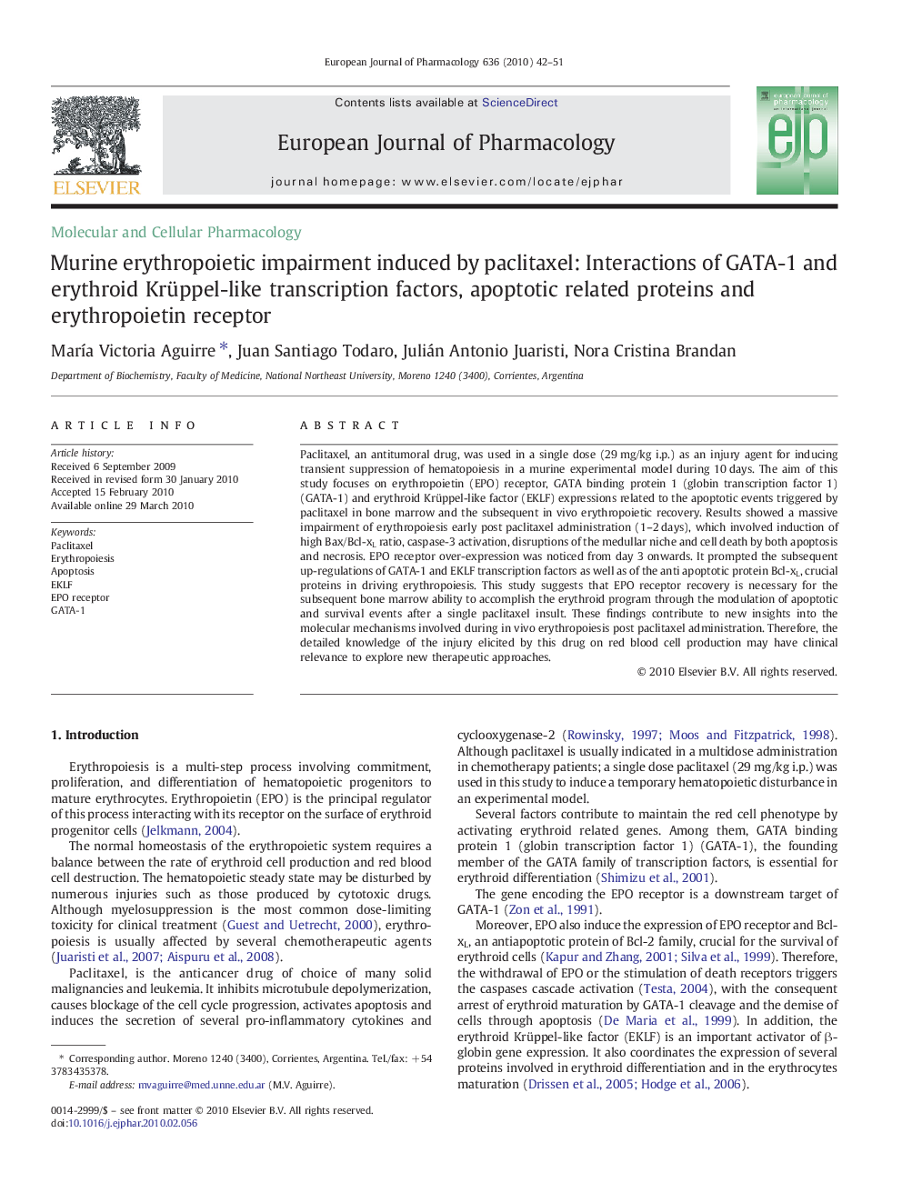 Murine erythropoietic impairment induced by paclitaxel: Interactions of GATA-1 and erythroid Krüppel-like transcription factors, apoptotic related proteins and erythropoietin receptor