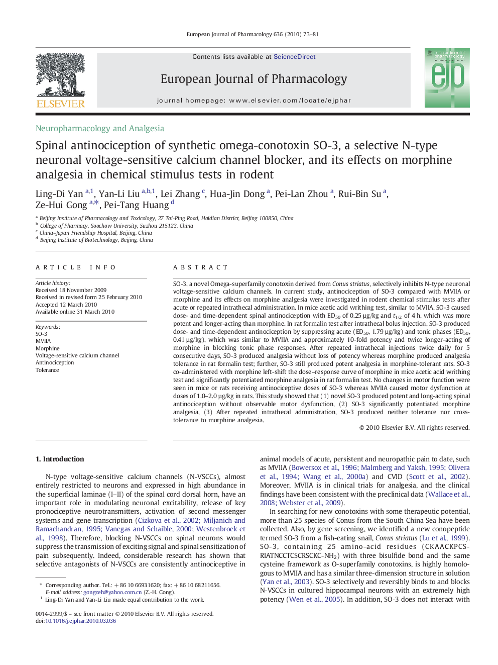 Spinal antinociception of synthetic omega-conotoxin SO-3, a selective N-type neuronal voltage-sensitive calcium channel blocker, and its effects on morphine analgesia in chemical stimulus tests in rodent