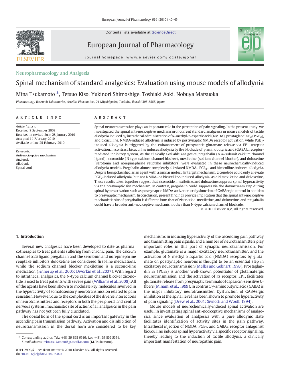 Spinal mechanism of standard analgesics: Evaluation using mouse models of allodynia