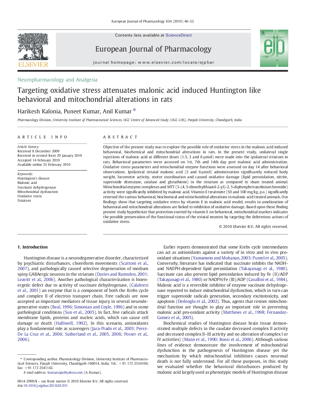 Targeting oxidative stress attenuates malonic acid induced Huntington like behavioral and mitochondrial alterations in rats