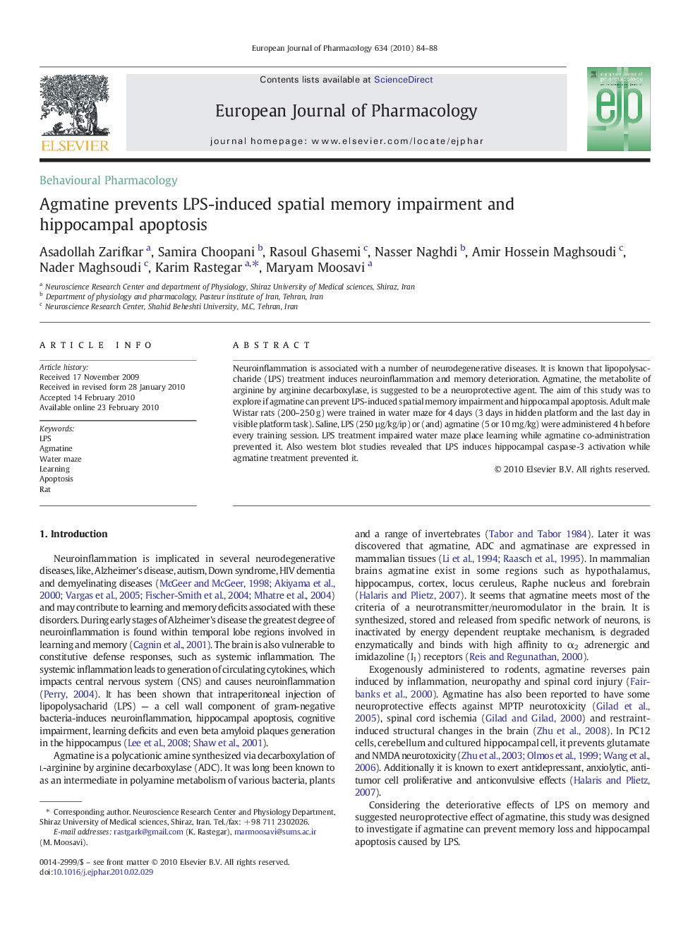 Agmatine prevents LPS-induced spatial memory impairment and hippocampal apoptosis