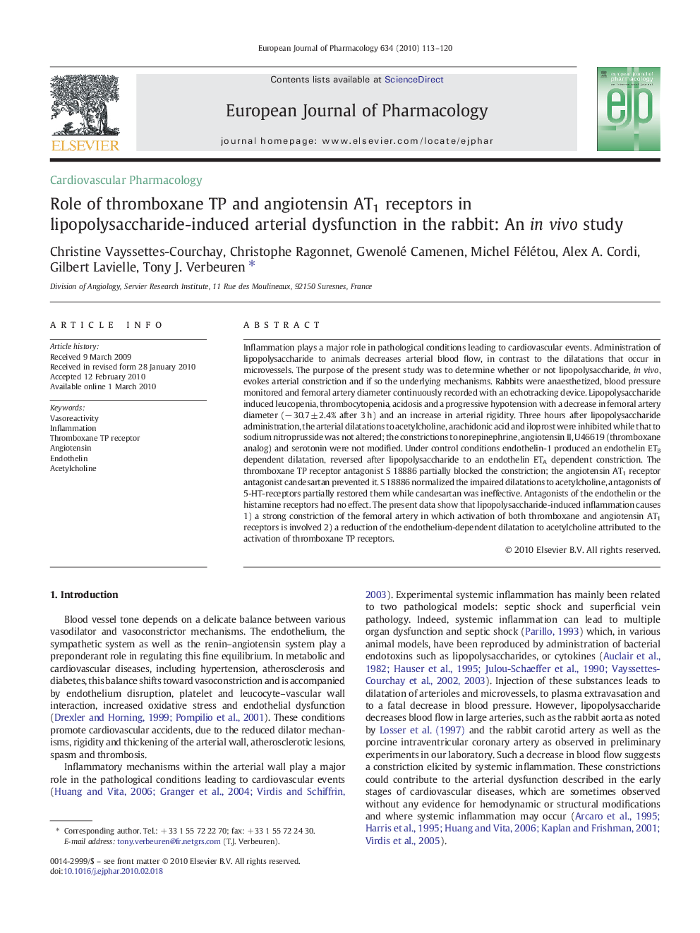 Role of thromboxane TP and angiotensin AT1 receptors in lipopolysaccharide-induced arterial dysfunction in the rabbit: An in vivo study