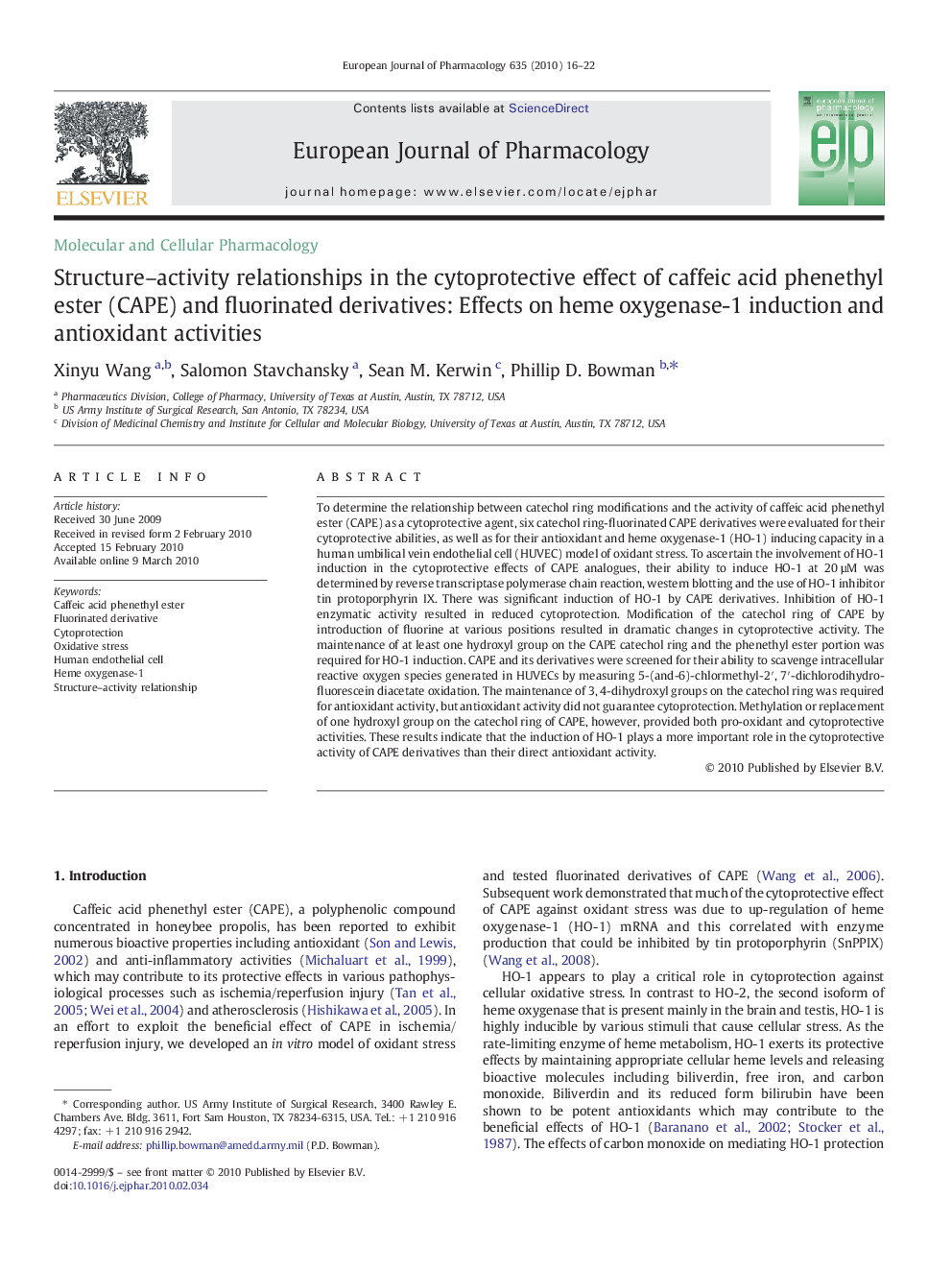 Structure–activity relationships in the cytoprotective effect of caffeic acid phenethyl ester (CAPE) and fluorinated derivatives: Effects on heme oxygenase-1 induction and antioxidant activities