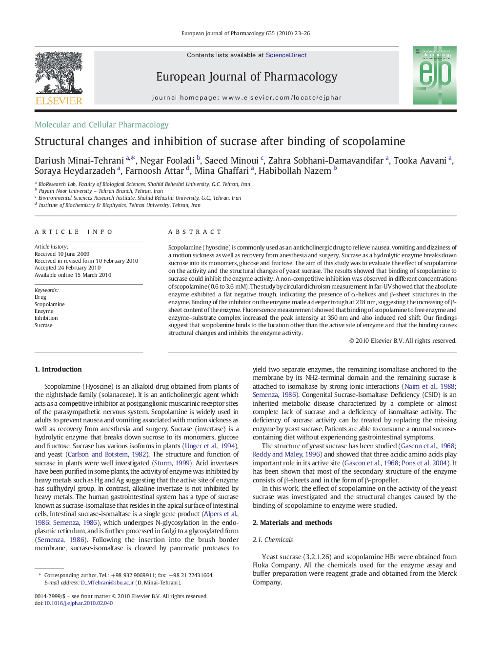 Structural changes and inhibition of sucrase after binding of scopolamine