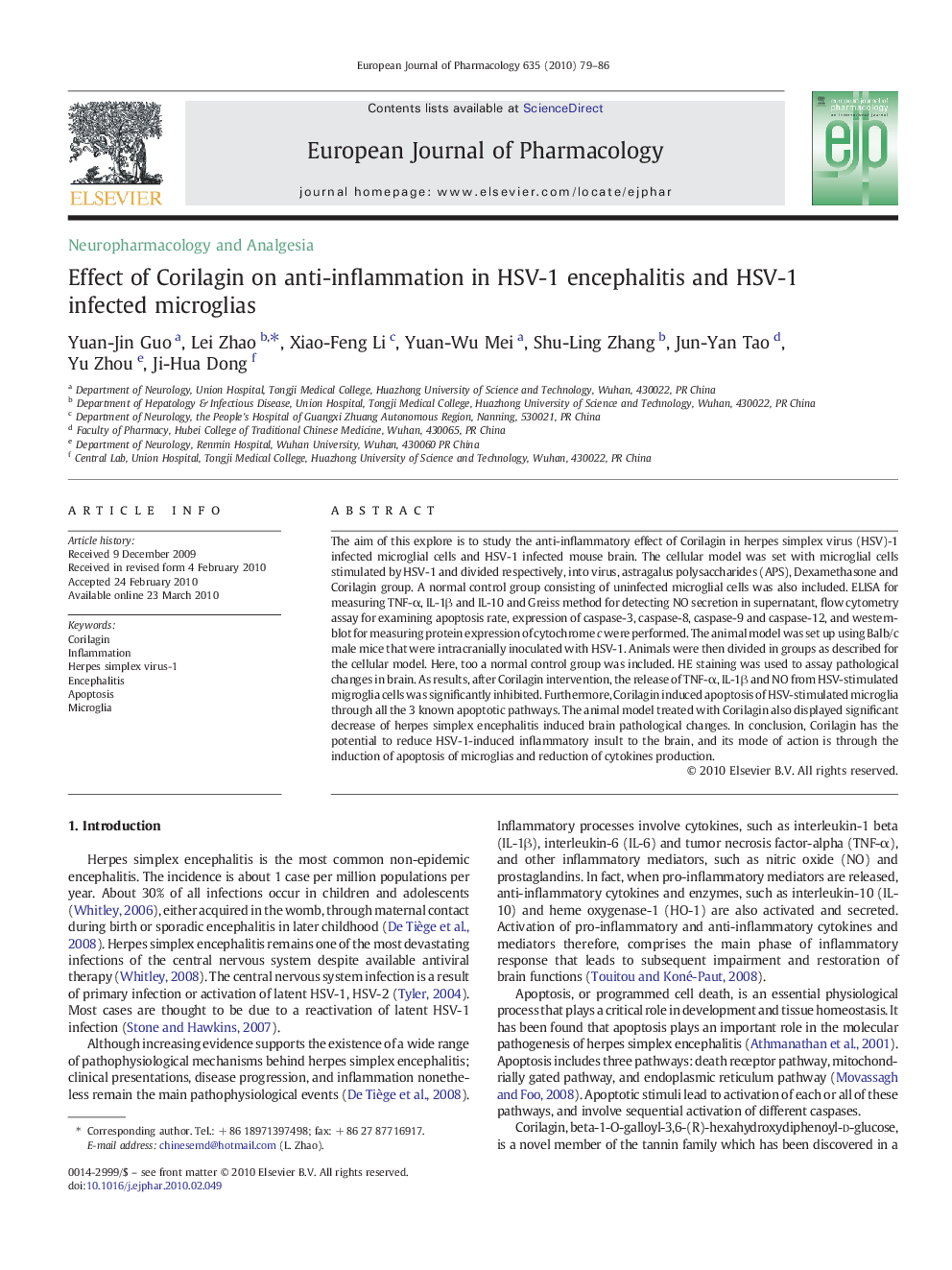 Effect of Corilagin on anti-inflammation in HSV-1 encephalitis and HSV-1 infected microglias