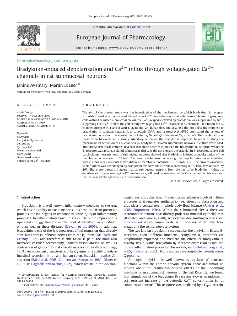 Bradykinin-induced depolarisation and Ca2+ influx through voltage-gated Ca2+ channels in rat submucosal neurons