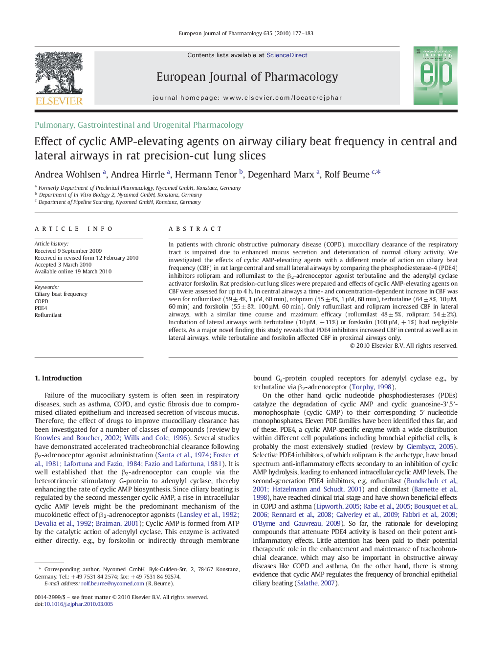 Effect of cyclic AMP-elevating agents on airway ciliary beat frequency in central and lateral airways in rat precision-cut lung slices