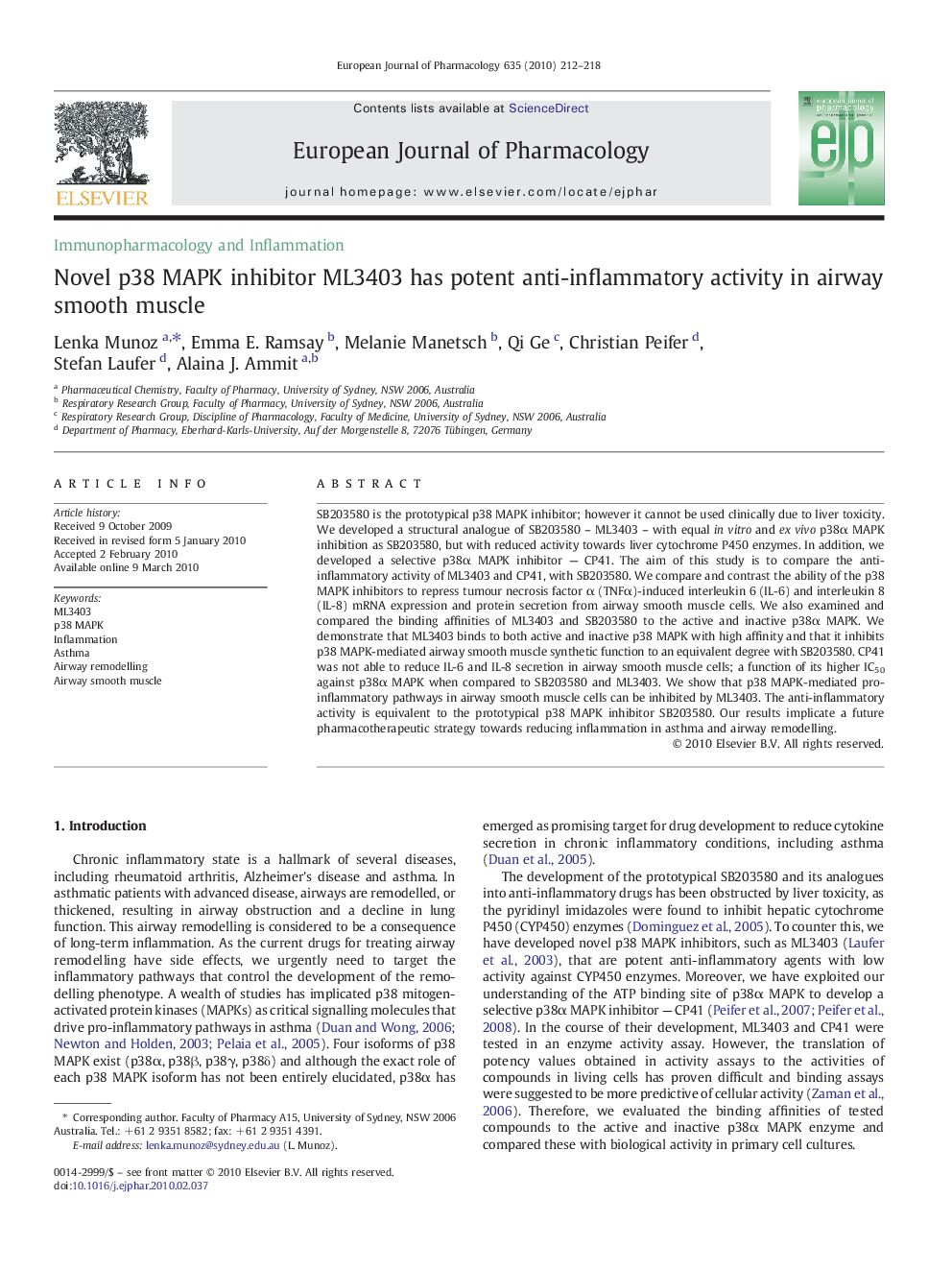 Novel p38 MAPK inhibitor ML3403 has potent anti-inflammatory activity in airway smooth muscle