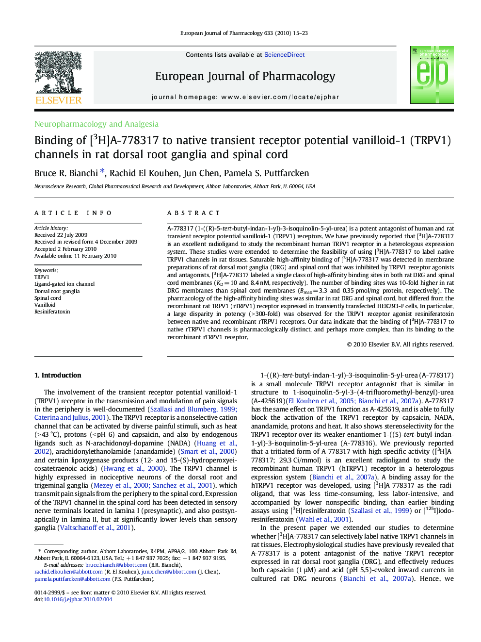 Binding of [3H]A-778317 to native transient receptor potential vanilloid-1 (TRPV1) channels in rat dorsal root ganglia and spinal cord