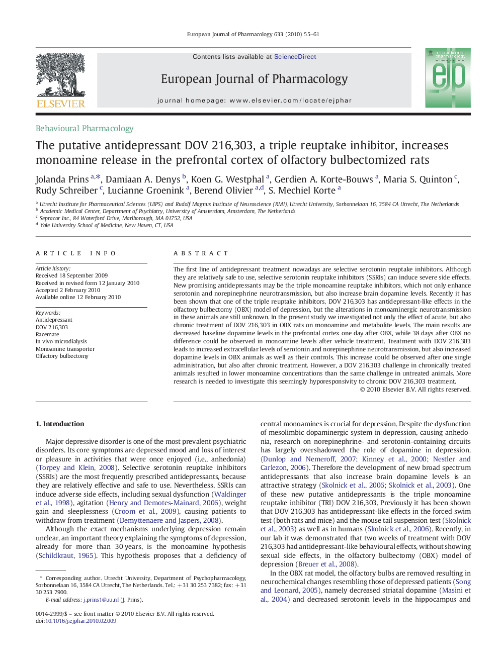 The putative antidepressant DOV 216,303, a triple reuptake inhibitor, increases monoamine release in the prefrontal cortex of olfactory bulbectomized rats