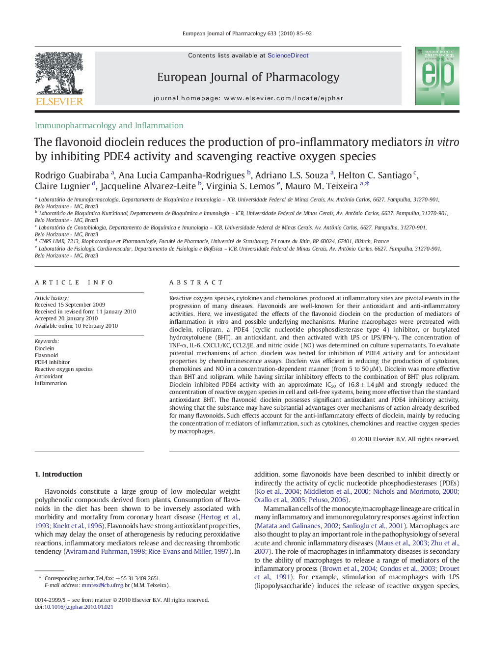 The flavonoid dioclein reduces the production of pro-inflammatory mediators in vitro by inhibiting PDE4 activity and scavenging reactive oxygen species