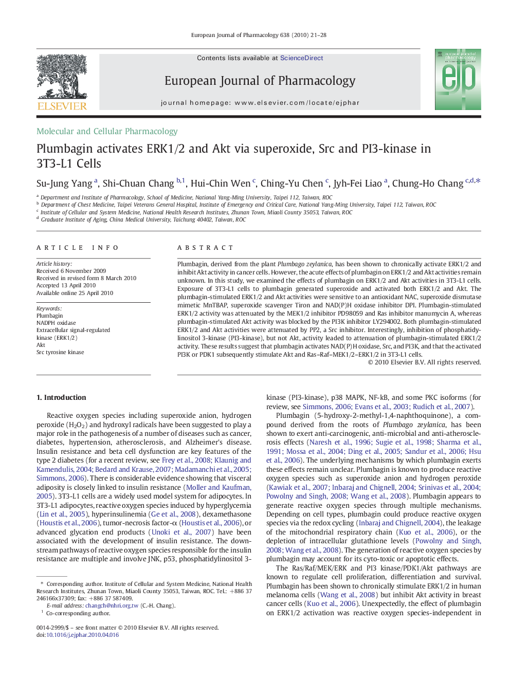 Plumbagin activates ERK1/2 and Akt via superoxide, Src and PI3-kinase in 3T3-L1 Cells