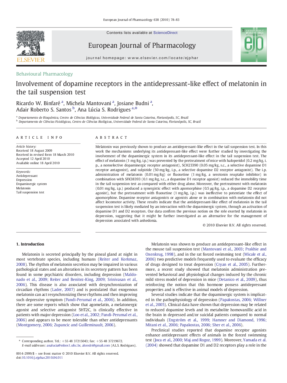 Involvement of dopamine receptors in the antidepressant-like effect of melatonin in the tail suspension test