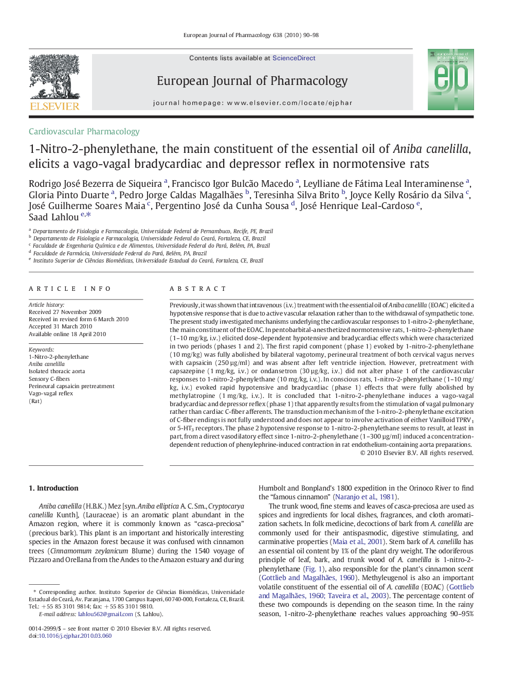 1-Nitro-2-phenylethane, the main constituent of the essential oil of Aniba canelilla, elicits a vago-vagal bradycardiac and depressor reflex in normotensive rats