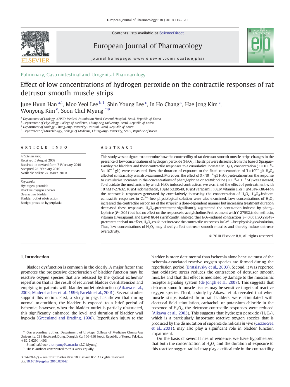 Effect of low concentrations of hydrogen peroxide on the contractile responses of rat detrusor smooth muscle strips